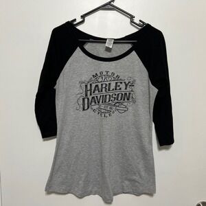 Harley Davidson Womens Gray Black Raglan 3/4 Sleeve Graphic T-Shirt Size M